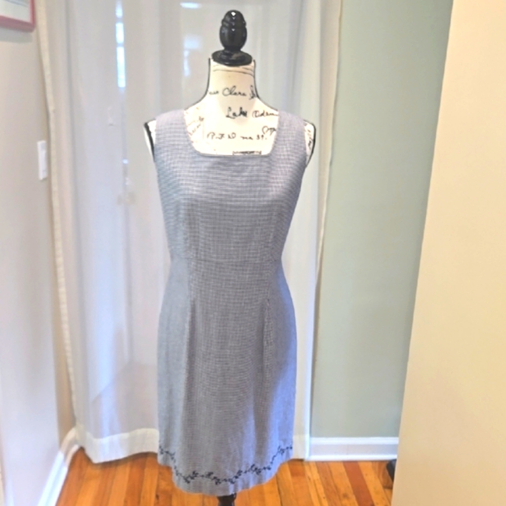 LIZ CLAIBORNE ▪︎ Navy/White Gingham Sleeveless Sheath Dress, Size 12, EUC